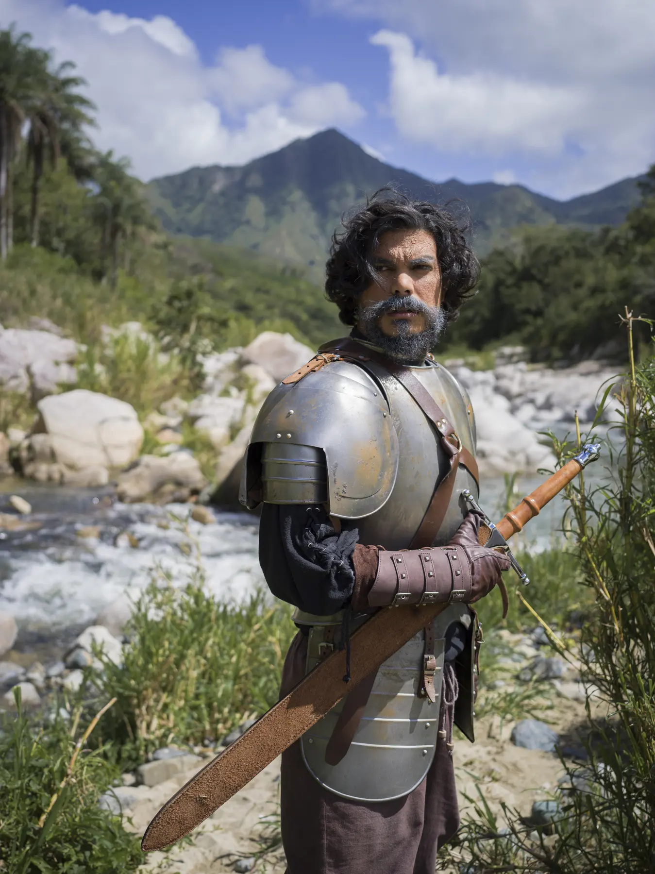 An armoured man in the valley, mountains behind